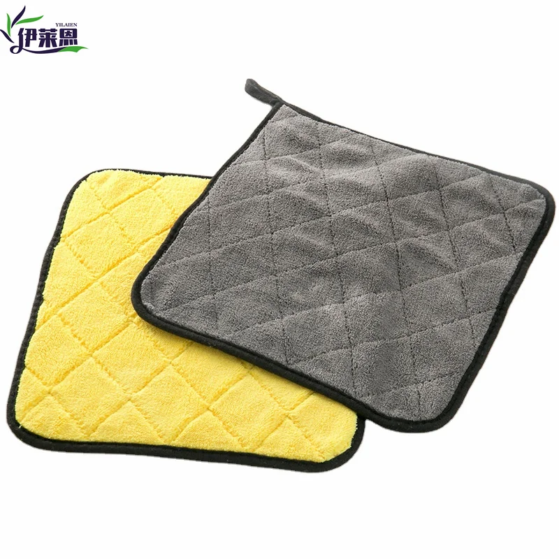 Microfiber diamond lattice towel yellow grey super absorbent coral fleece car towel 40*40 detailing car wash towel