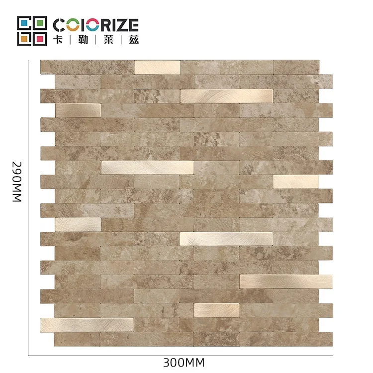 290x300 мм 3 мм линейный кожуру и палкой мозаичная плитка стены коричневый микс с золотистым цветом полосы Self мозаика PVC LVT клей для плитки