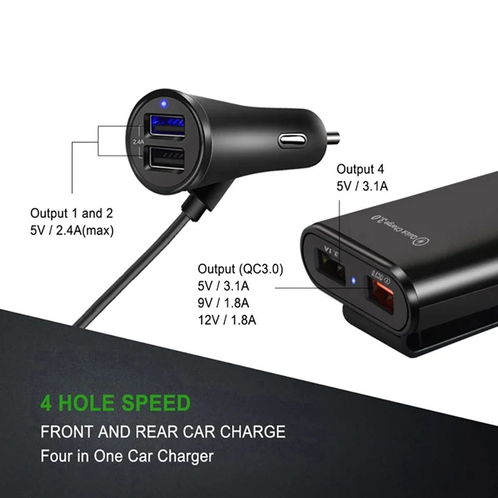 36W 4 Port USB Car Charger 8A Quick Charge QC3.0 5.6ft Extension Cable for Front Seat and Backseat Fast Charging