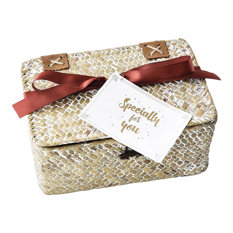 Cocostyles personalized handmade rustic antique seagrass woven basket gift set with ribbon for forest wedding guest gifts