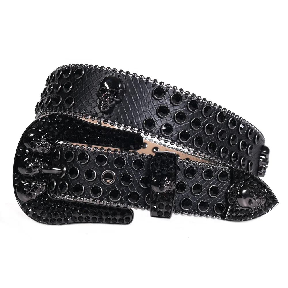 Tengmei Customized Logo Black Rhinestone Belt With Skull Buckle Bling Bling Plus Size Crystal Belt For Men Jean Diamond Belt