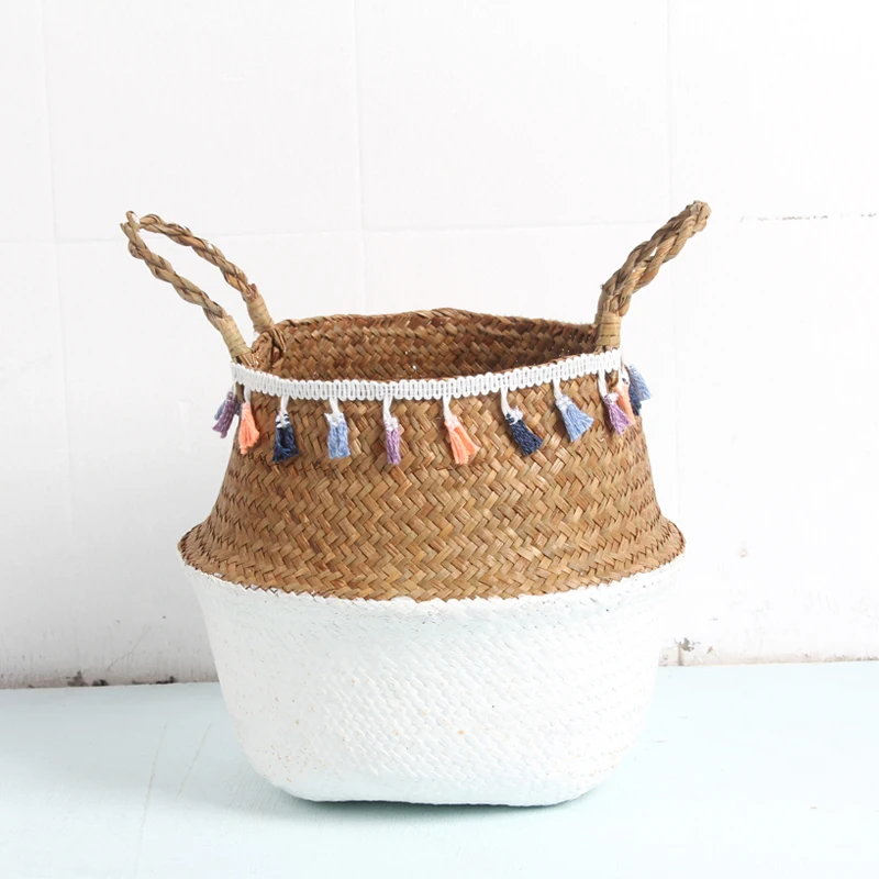 Macrame foldable Wicker Rattan Decorative Storage Basket Holder Home Organiser Basket Boho Decor Panier Osier(L)