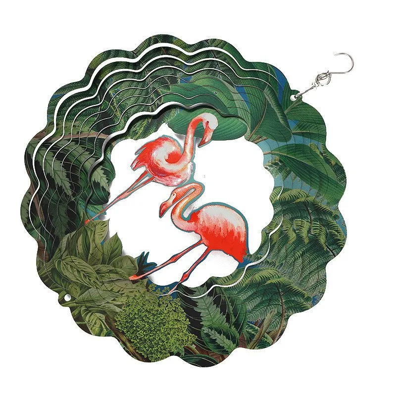 YJL Modern Stainless Steel Garden Decoration Outdoor Wind Chimes Colorful 3D Flamingos Rotating Metal Wind Spinner Wind Chimes