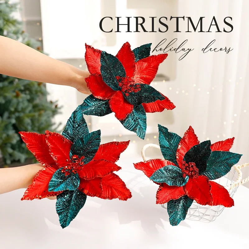 S22 27cm Sequin Artificial Christmas Flower Xmas Decoration Velvet Luxury Christmas Tree Plastic Flowers Christmas Flowers