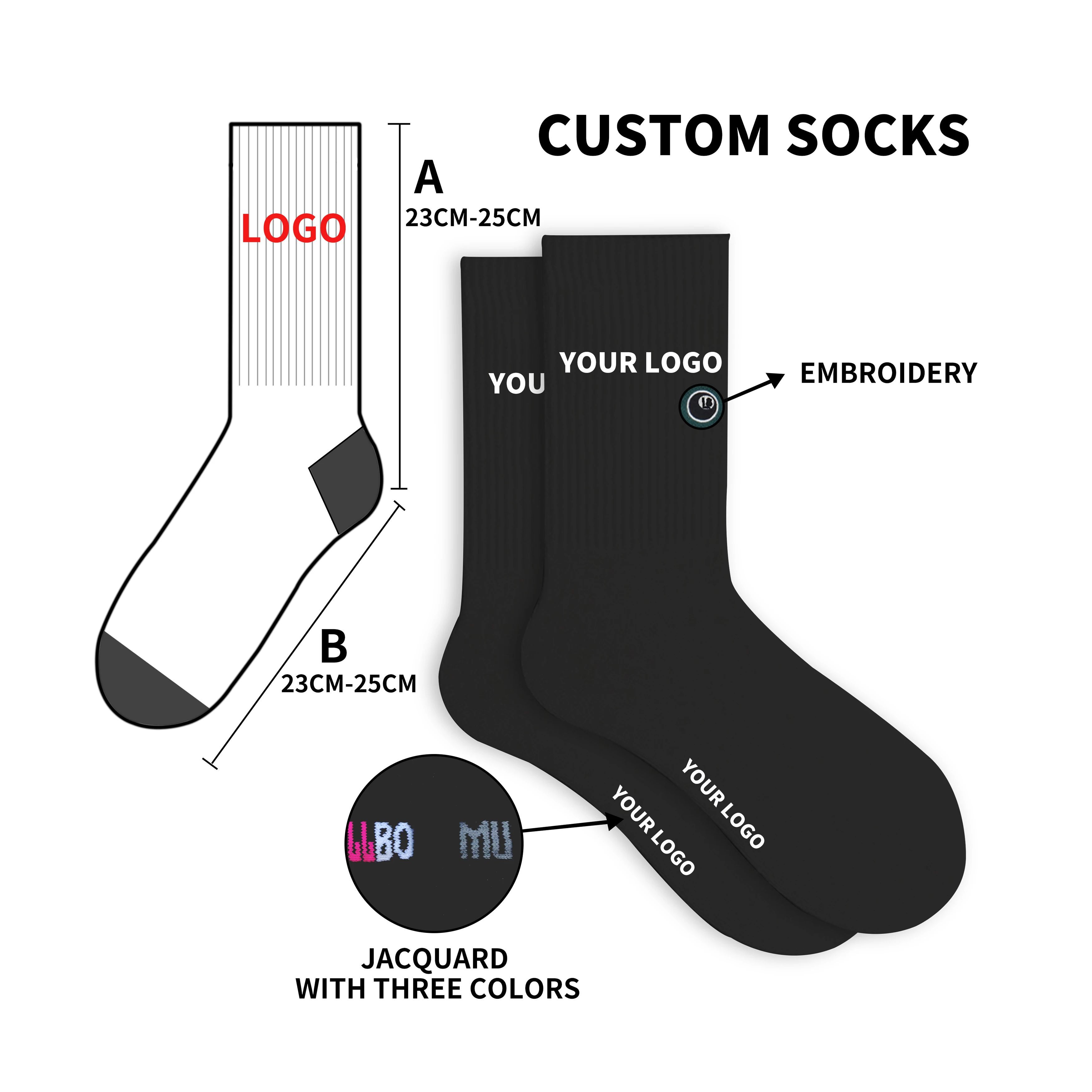 crew socks custom logo black socks cotton soft worm terry cushion