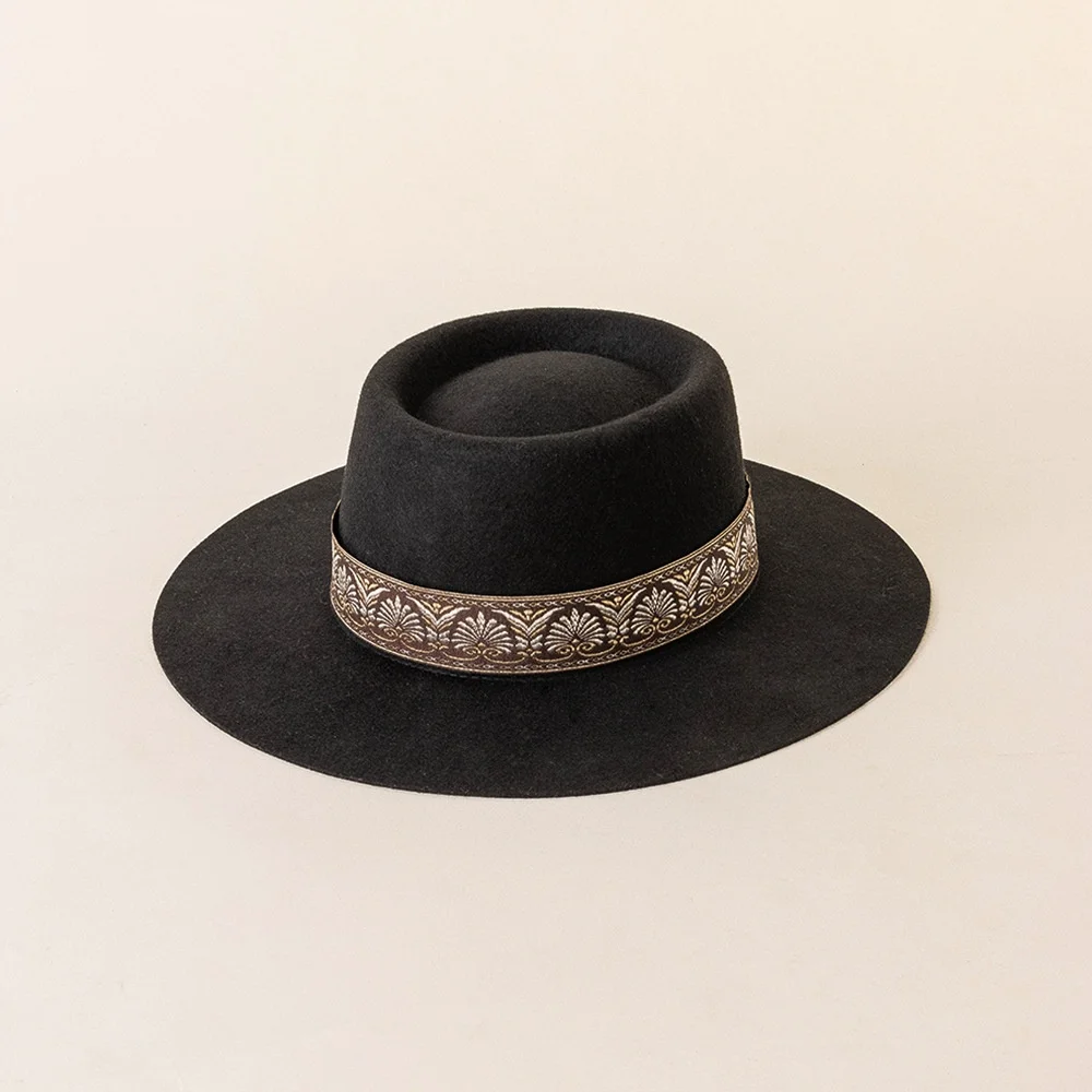 factory wholesale custom autumn winter new wool hat fashion vintage embroidery ribbon top hat wide eaves ring top fedora hat