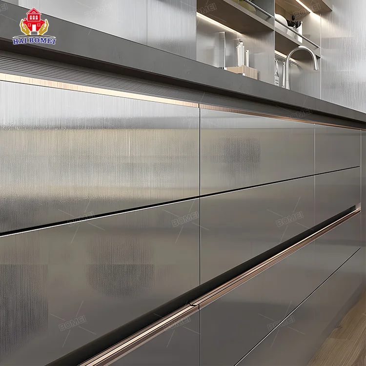 High Gloss foshan complete Set Modular stainless steel Indoor metal china habging ready made aluminum Kitchen Cabinets with sink