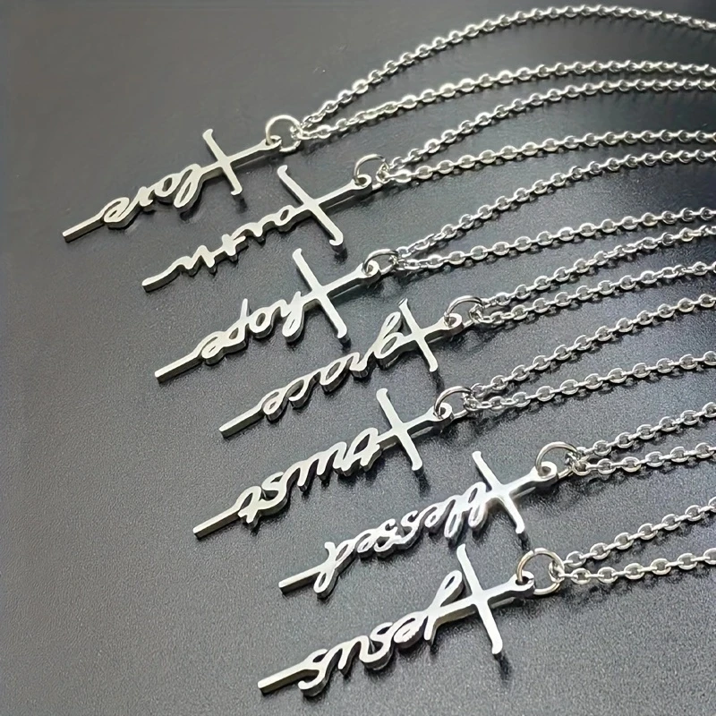Custom personalised silver color stainless steel Christian faith jesus cross letter pendant necklace fashion necklace for women