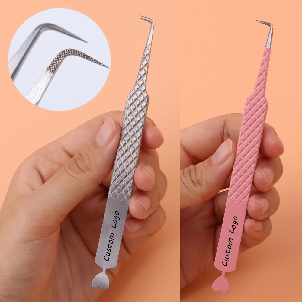 Stainless Steel 45 90 Degree Diamond Fiber Grip Eyelash Tweezers Custom Logo Lash Extension Fiber Tip Tweezers