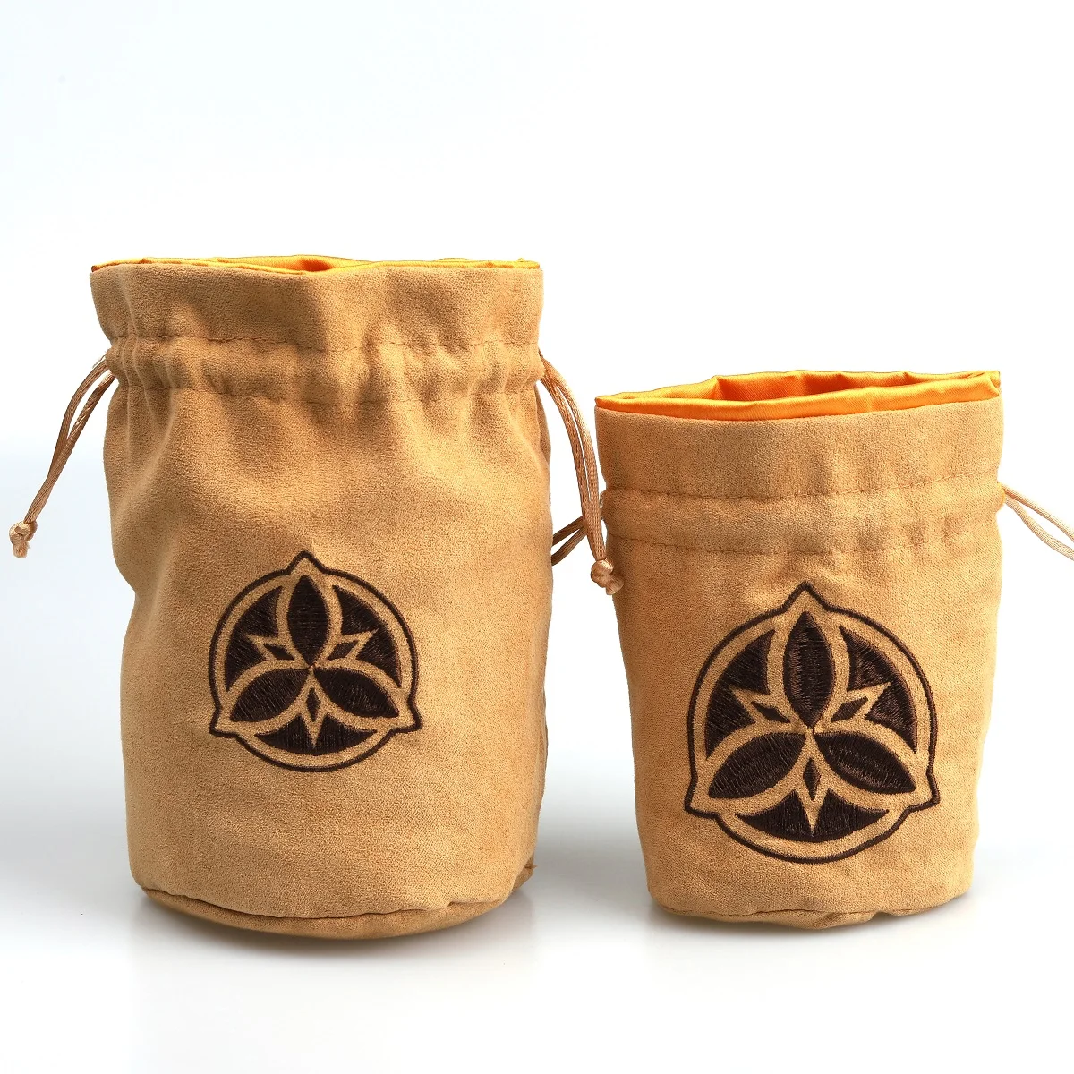 Round Bottom Suede Jewelry Gift Packaging Bag With Satin ling Brown Embroidery Logo Suede Velvet Cosmetic Drawstring Pouch