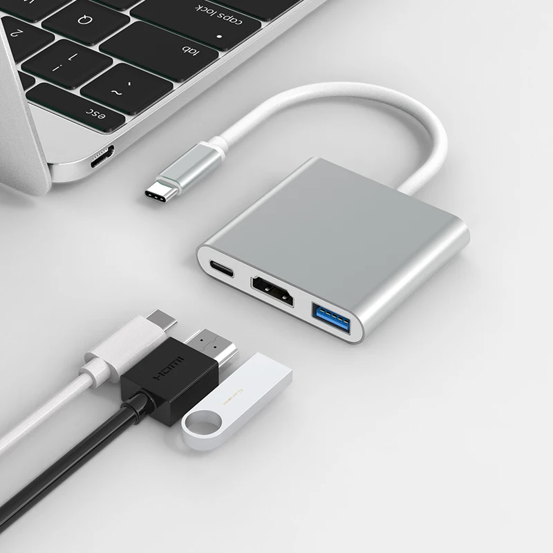 3-In-1 Multi-Function Hdmi Grey Aluminum Housing Pd  3In1 Ethernet 3 Ports In 1 Usb 3.0 C Usb-C Type-C Hub Adapter