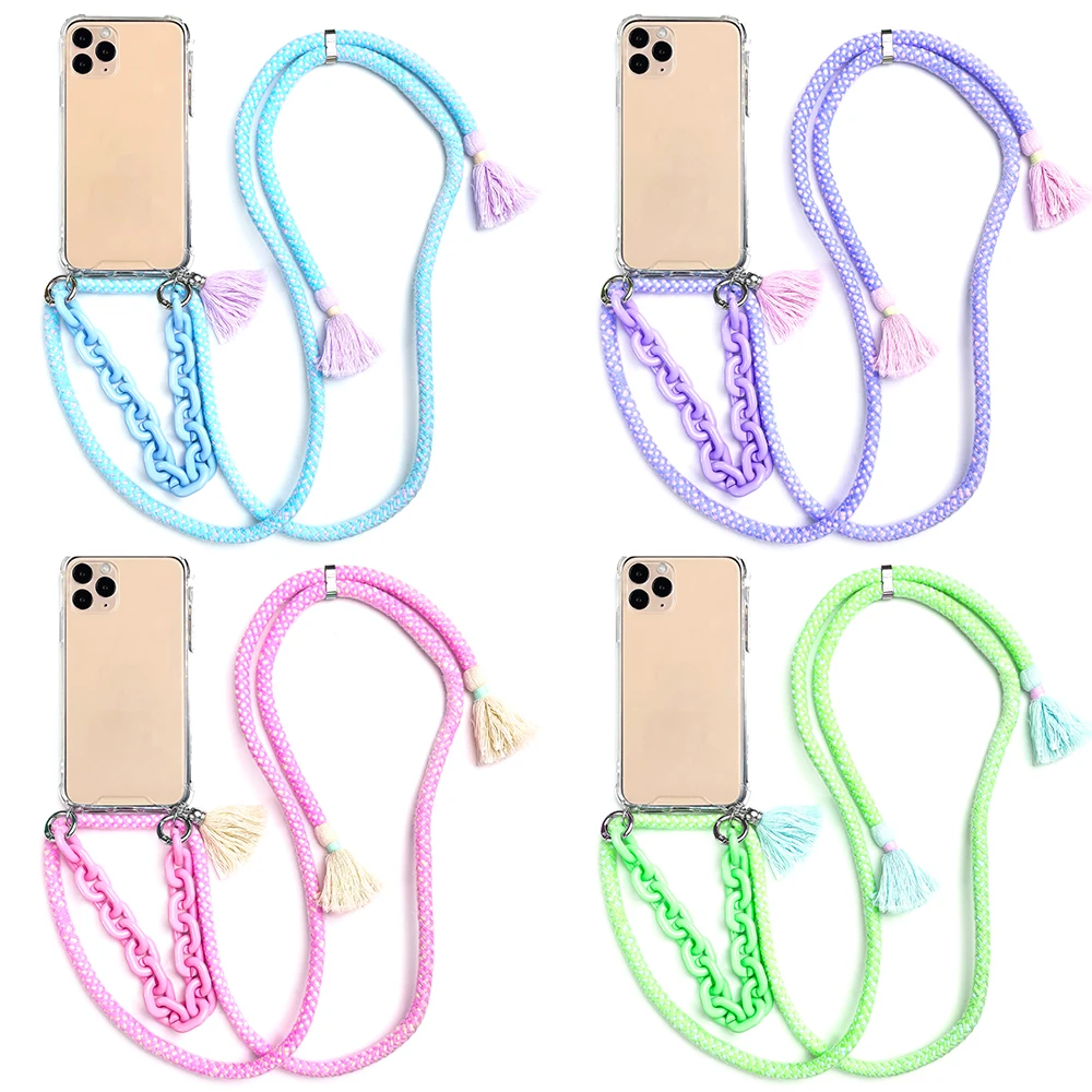TENCHEN Adjustable flat woven nylon strap lanyard soft women necklace silicone crossbody cord mobile phone case bag