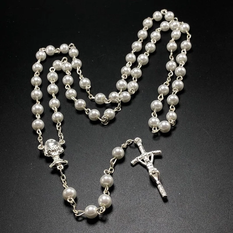 6mm glass pearl bead rosary N1335 with sterling silver chain red and pearl color necklace