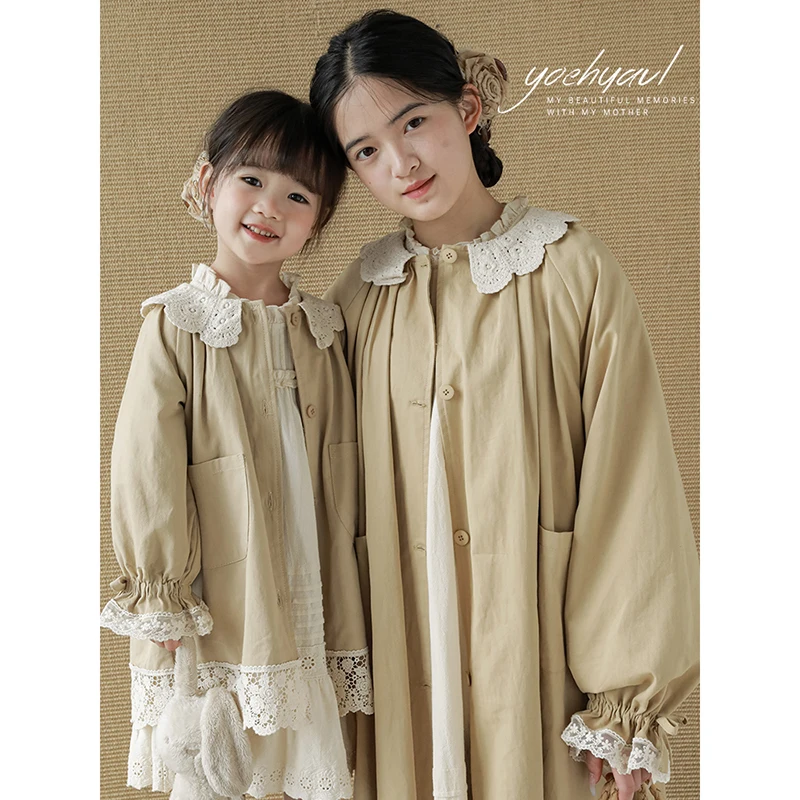 custom children clothes simple vintage-inspired long-sleeved top lace collar overcoat cardigan outerwear resembles trench coat