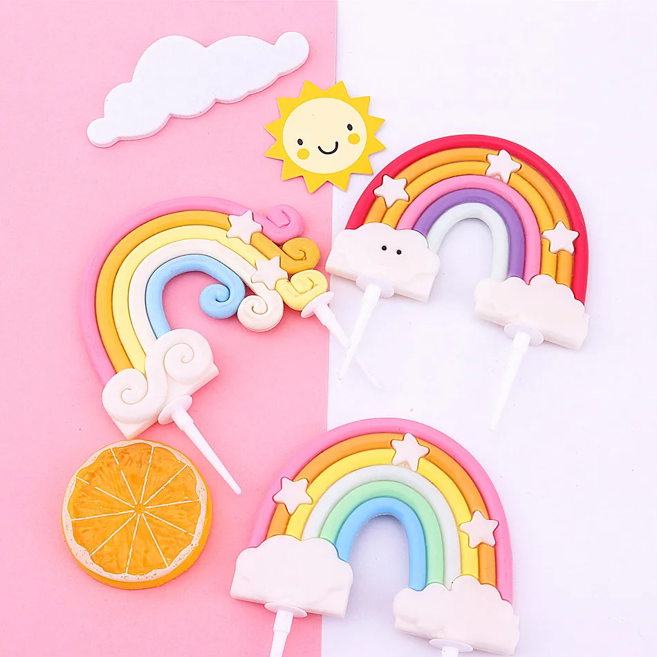 High Quality Polymer Clay Cake Decorations Rainbow Cloud Baby Shower Happy Birthday Cake Topper Party Decor Kids Girl Boy