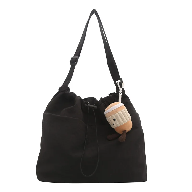 Japanese Style Ins Street Leisure Female Crossbody Shoulder Bag With Drawstring Opening Solid Color Bucket Shape Messenger Bag