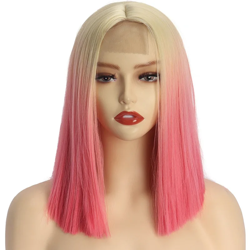 Hair before Lace Wigs Gradient Pink Wigs Female Chemical Fiber Full Head Cover Hot European and American Short Straight 14inch