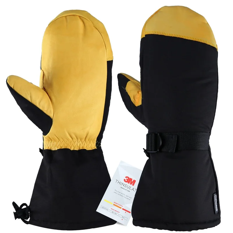 Ozero Men Waterproof Breathable Winter Snow Ski Genuine Cowhide Leather Mittens Gloves Wholesale Mens Snow Proof Leather Gloves