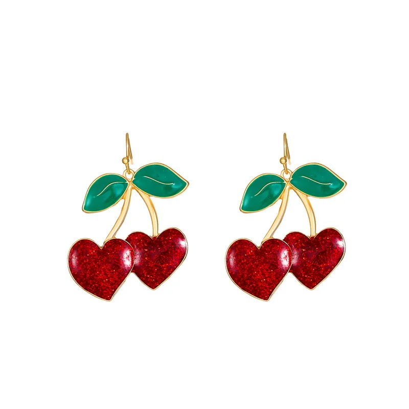 Rinhoo Korean Sweet Red Cherry Earrings Girl Women Summer Cute Alloy Fruit Enamel Fresh Pendant Ear Jewelry Cute Party Earring