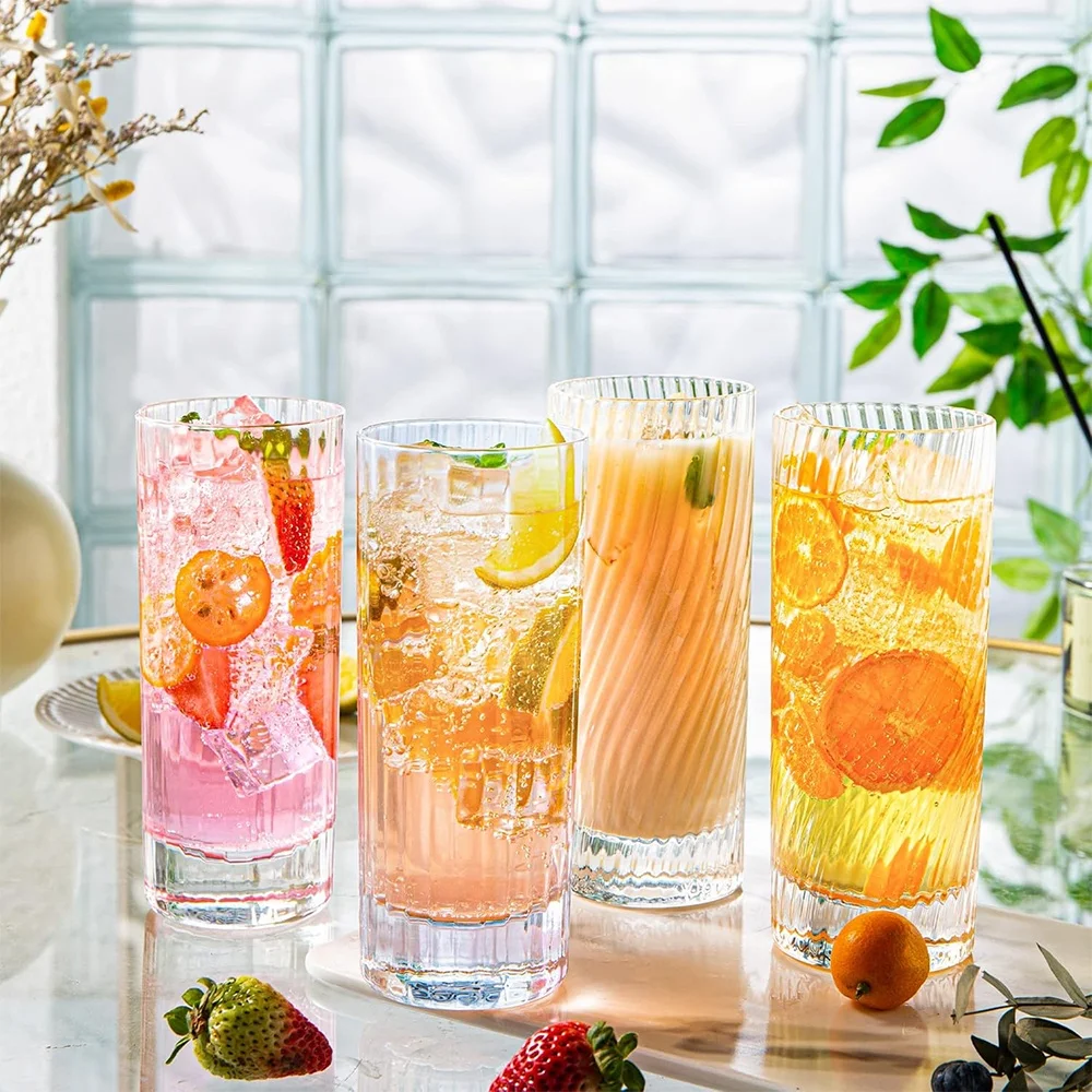 Elegant Collins Glass Cup Bar Cocktail Long Drink Glass Deep Spiral Highball Glasses