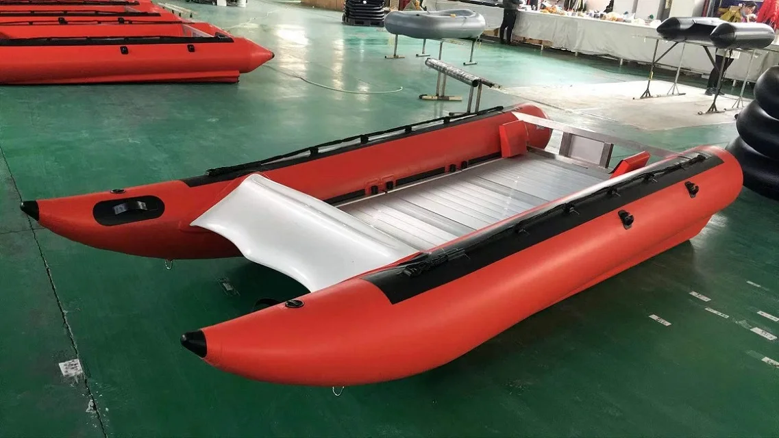 Customized Color Hypalon Inflatable Catamaran Boat with Air Deck and Motor Engine for Sale