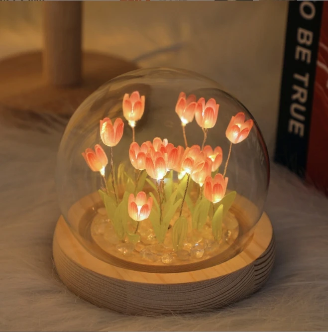 Wholesale DIY popular tulip lamp 9/10/13/16/20 tulip flowers decoration lamp clear crystal glass dome craft led  tulip lamp