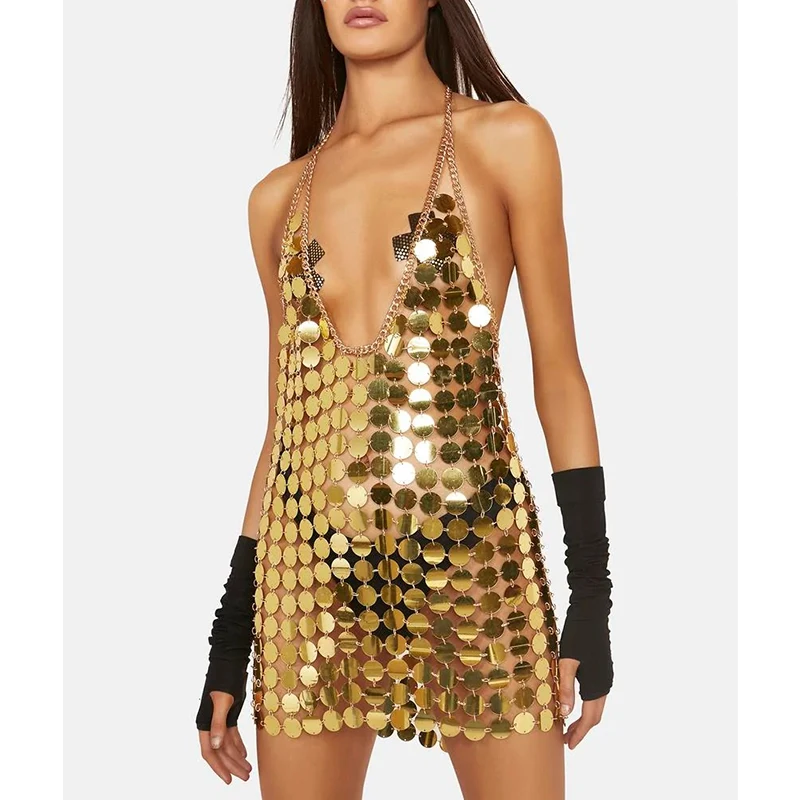 Женские вечерние платья без рукавов с блестками и открытой спиной, Золотое зеркальное мини-платье с бретелькой через шею и цепочкой