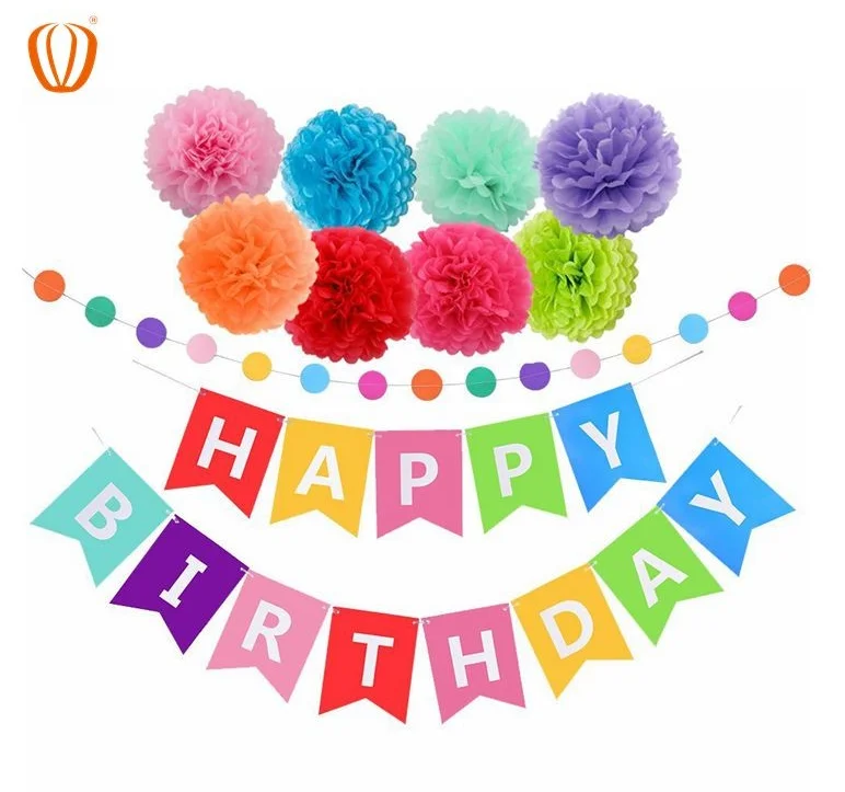 Happy Birthday Decorations Banner With Tissue Pom Poms For Rainbow Birthday Party Supplies