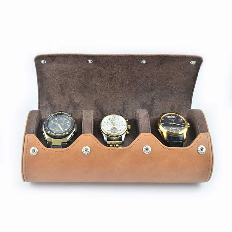 Luxury Brown Crazy Horse Genuine Leather 3 Slot Travel Wrist Watch Roll Storage Display Case with Sliding Pillow