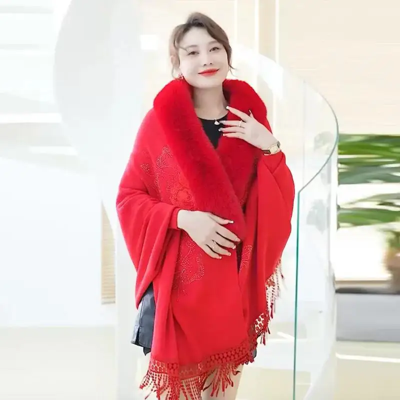 Japanese Korea Women Oversize Embroidered Fur Cloak Winter Knitted Poncho Capes Female Batwing Sleeves Tassel Long Wrap Coat
