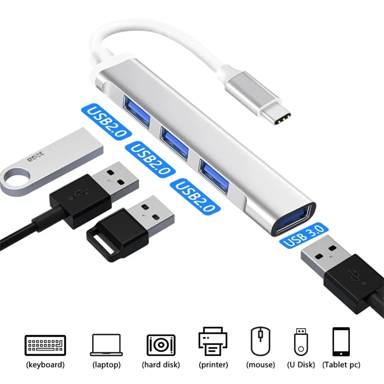 Mini USB Hub Extensions Powered Support USB-C Splitter 4 Ports 3.0 Type C to USB 3.0 Hub Adapter