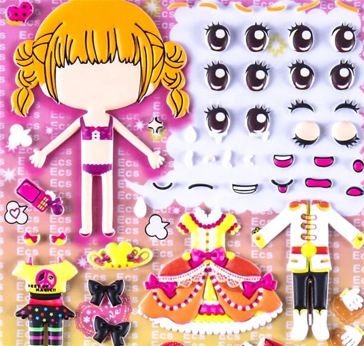 Wholesale Custom Cute Kids Cartoon Characters Dress Up Self Adhesive 3D Girl Puffy Stickers