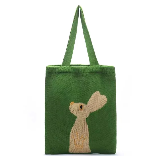 Low MOQ Polyester Knitting Crochet Bag Fashion Rabbit Pattern Green Bag for Lady and Girls