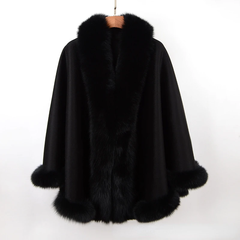 MWFur Fashion Wholesale Double-sided Cashmere Loose Ponchos With Fox Fur Collar Winter Fox Fur Shawl Capes