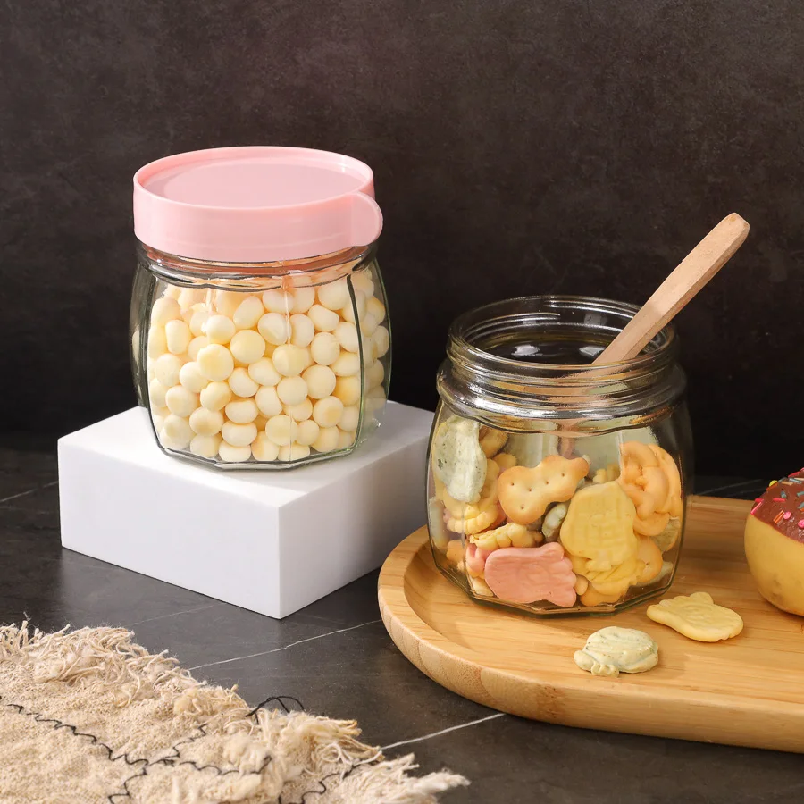 350ml Portable cute mini glass storage jar snack oat nut food storaging container with plastic screw lid