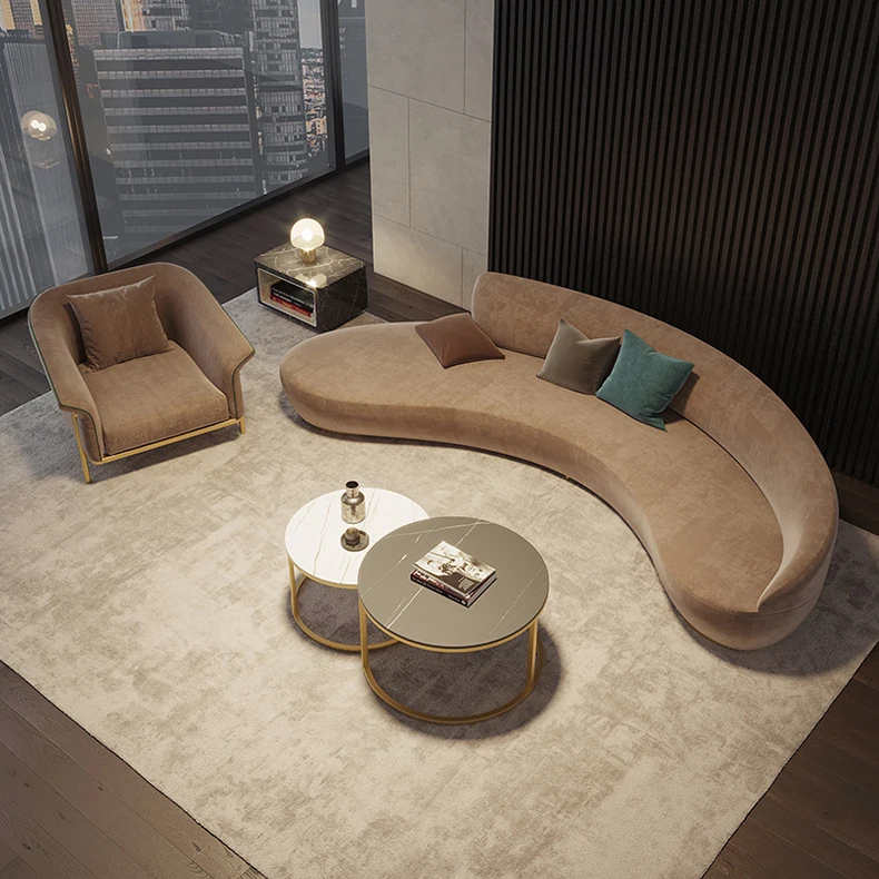 F204  Modern furniture Washless velvet fabric lobby couch living room sofas hotel shaped multi-room exhibition hall curved sofa