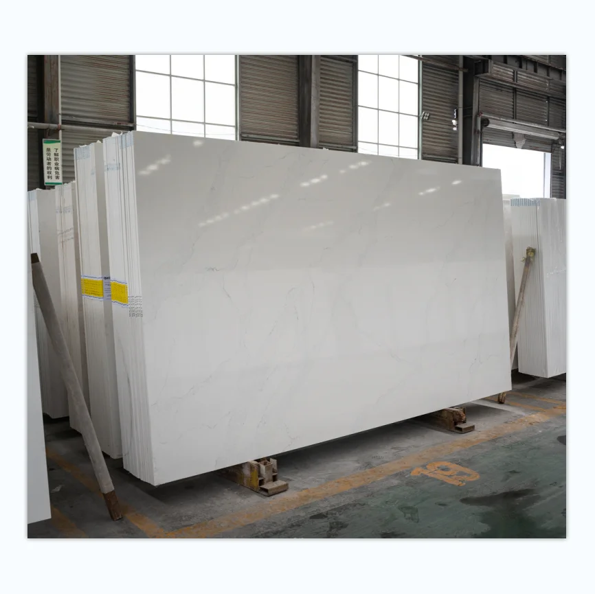 White artificial quartz stone with natural grey veins calacatta looking slab and countertop Quartz stone top dining tables