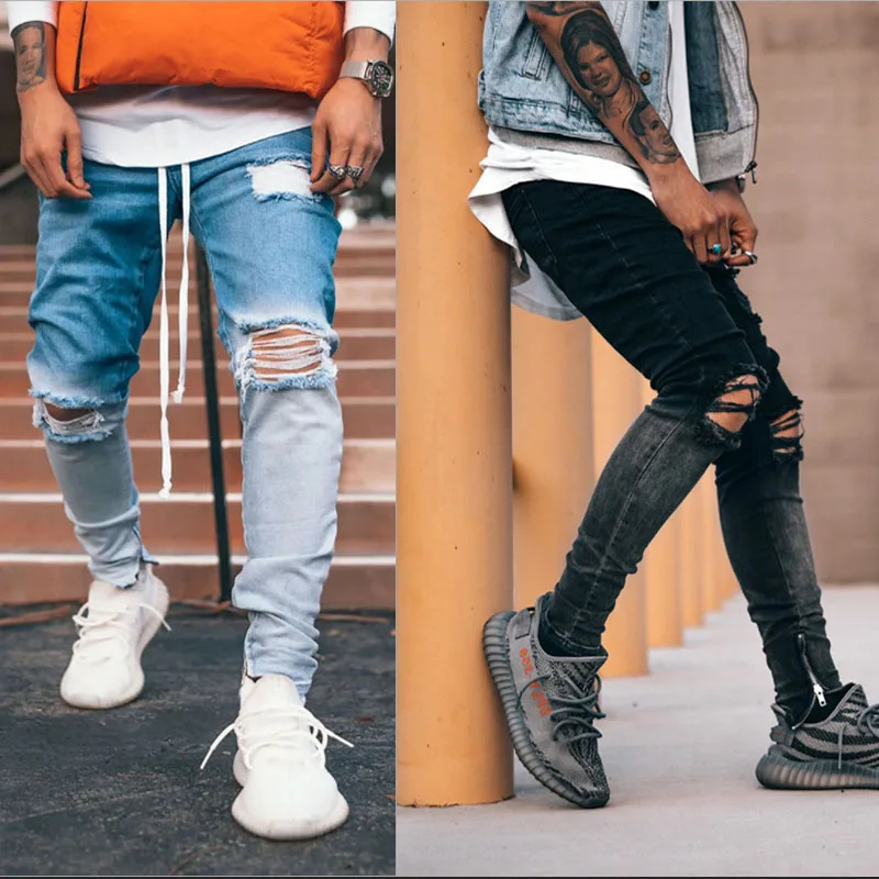 Men Gradient Ramp Ripped Jeans Pants Biker Skinny Slim Straight Frayed Denim Trouser Fashion Skinny Pencil Pants Men Clothes