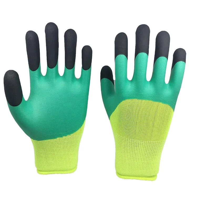 China made polyester Knitted green half latex coated Gloves with black finger
