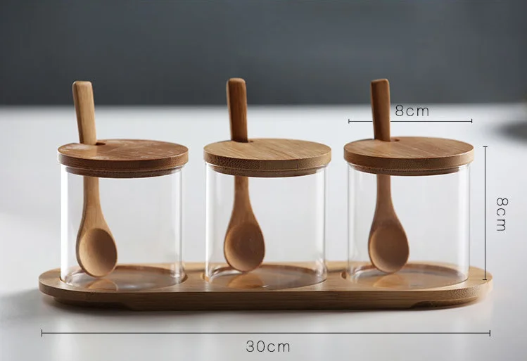 High borosilicate food small thing spice transparent clear glass storage jar set with wooden lid and bamboo spoon