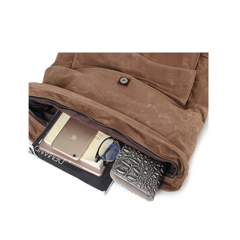 Custom korean style cheap waxed canvas genuine leather brown waterproof most durable teen school backpack