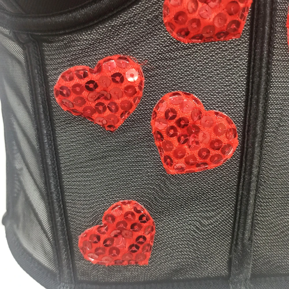 Ladies lingerie love pattern mesh corset top for women push up bra black Cropped Bustier with Red Sequin Heart