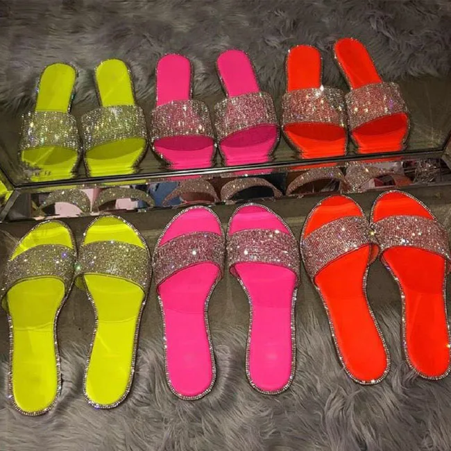 TW10484A Women Girls Fashional Neon Pink Slider New Designs Flat Sandals With Diamonds