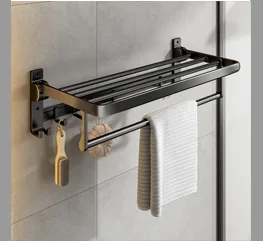 Bathroom accessories set black wall mounting rack folding bars shower towel drying hooks holder organizer no drilling self towe