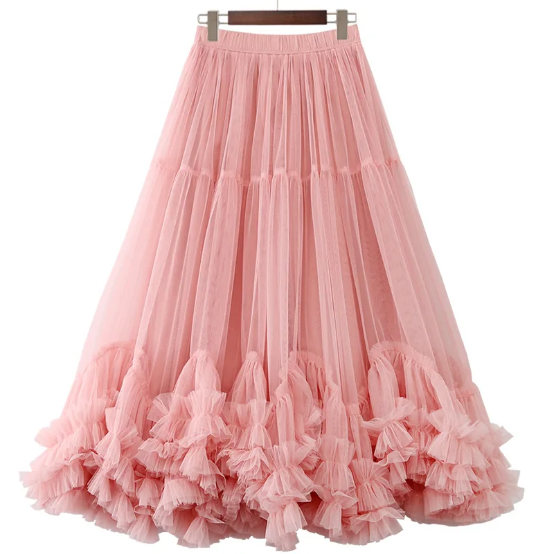 Fashion Mesh Womens Tulle Skirts Solid Color Leather Pleated Skirt Women A-Line Elegant Skirts