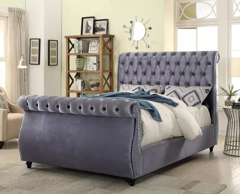 Factory Direct Sale bed frame  Luxury Bed Room Furniture White Color Micro Fiber velvet  Leather double bed king size