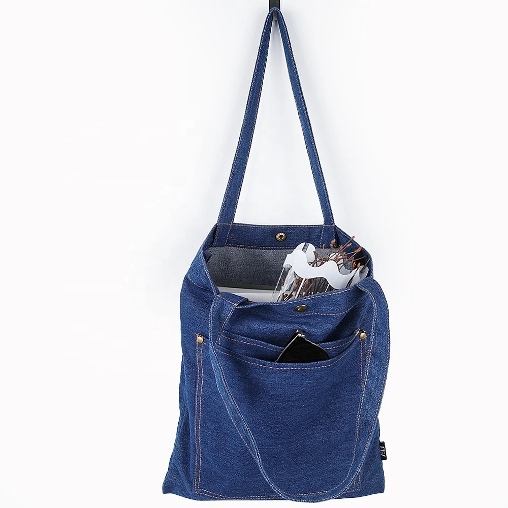 OEM/ODM Navy Blue Casual Jean Tote Bag Canvas Denim Shopping Tote Bag With Custom Printed Logo