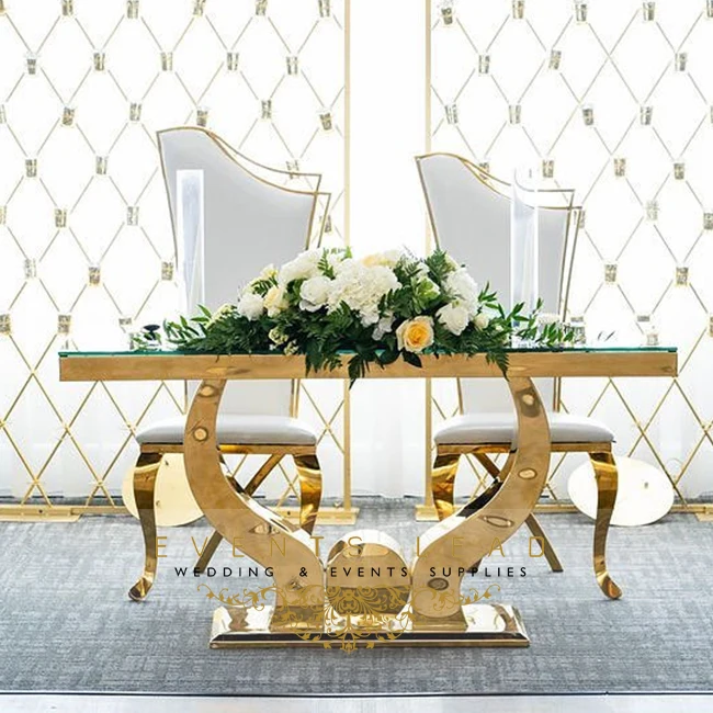 Bride and groom stainless steel white MDF top event tables for wedding and event