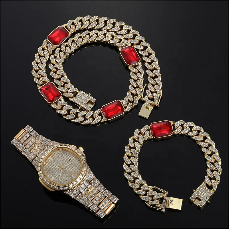 Fashion Watch Jewelry Set Cuban Chain Bling Hip Hop Iced Out Watch Set Gold Red Diamond Watch Set For Men