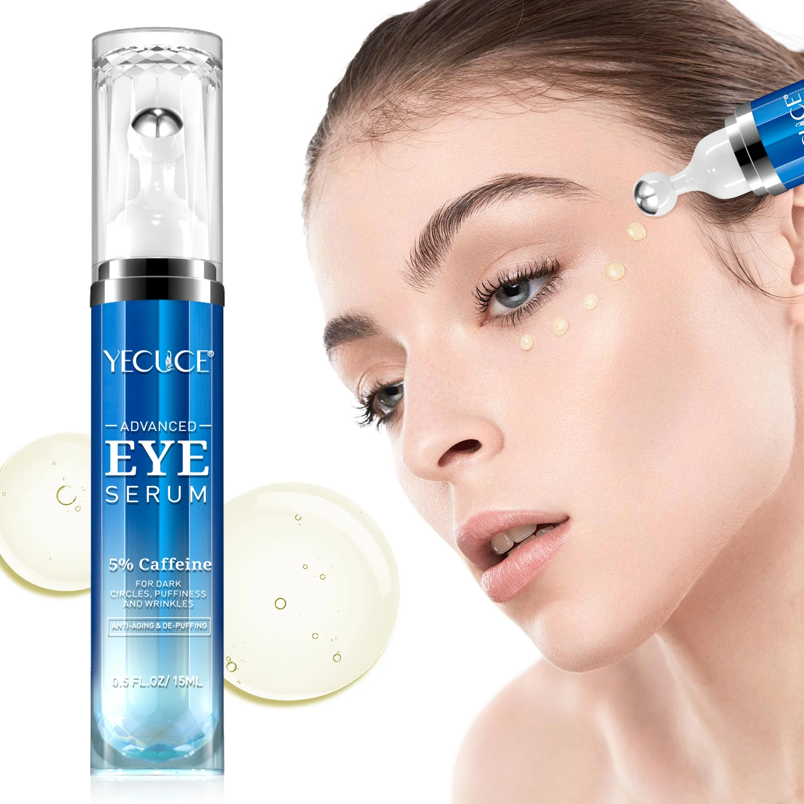 YECUCE hyaluronic acid anti aging eye contour serum roller 360 eye wrinkle lift serum retinol caffeine under eye lash serum